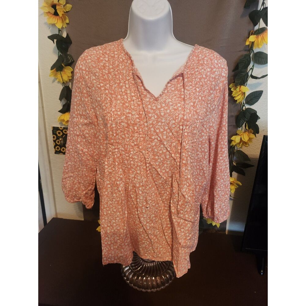 Croft & Barrow Peach Floral Blouse Small Pintuck Pleated Neck Boho 3/4 Sleeve